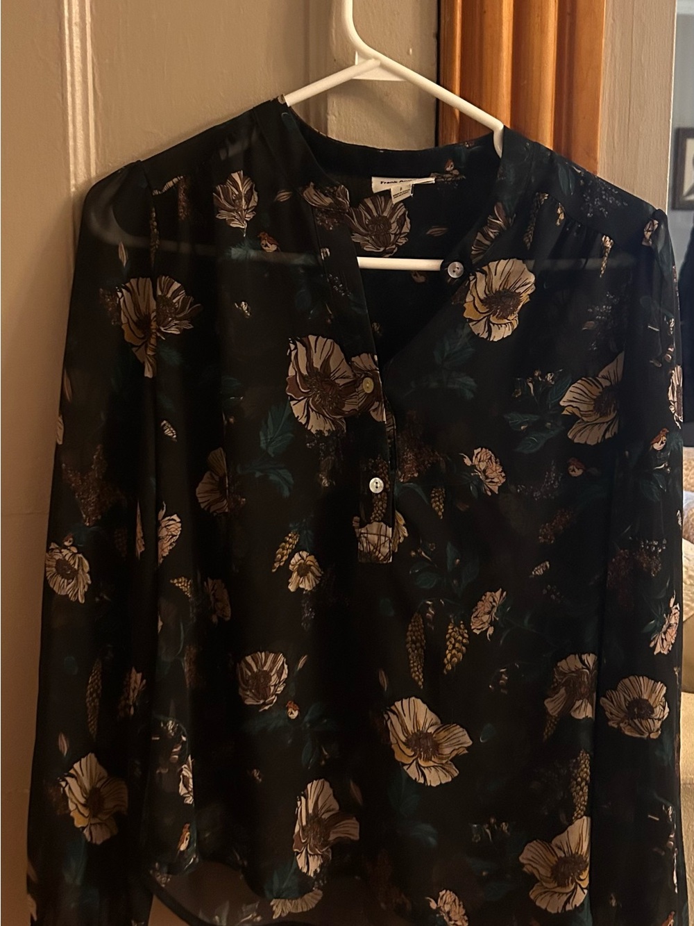 Frank & Oak Black Floral Henley Blouse